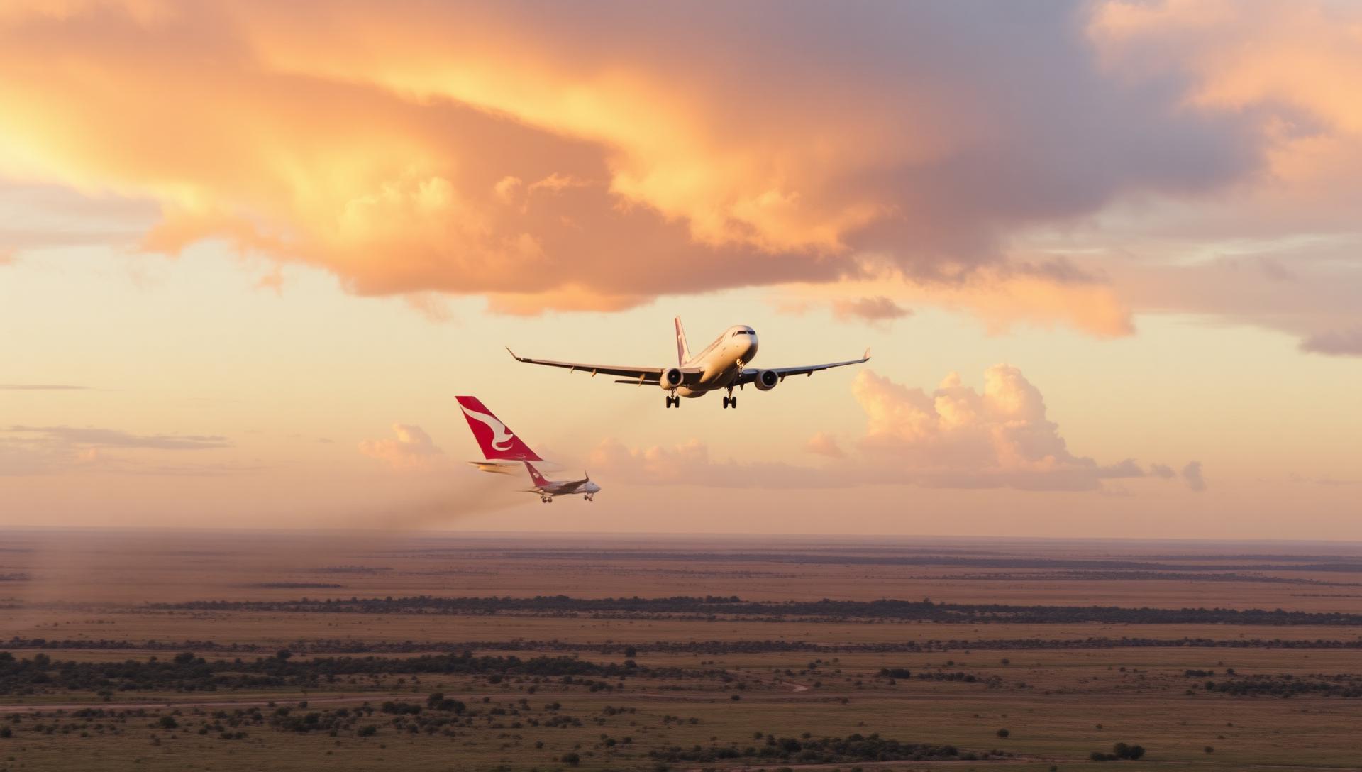 Passenger jets taking off over the savanna at sunrise