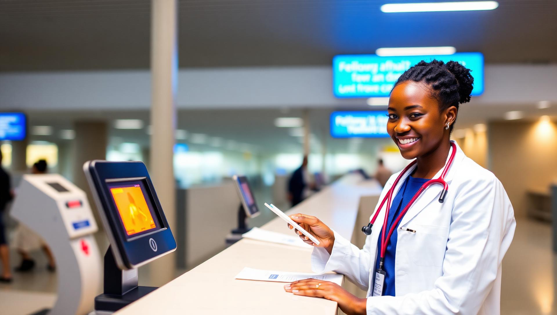 Airport health worker checking a yellow fever card