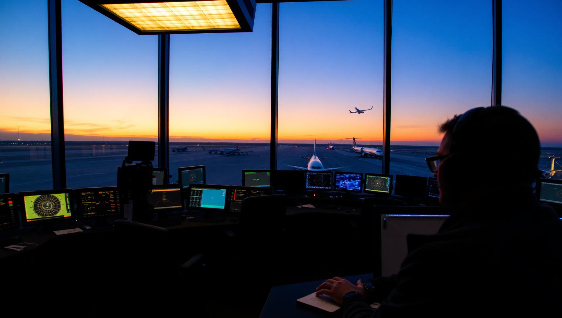 Air traffic control tower operations at dusk