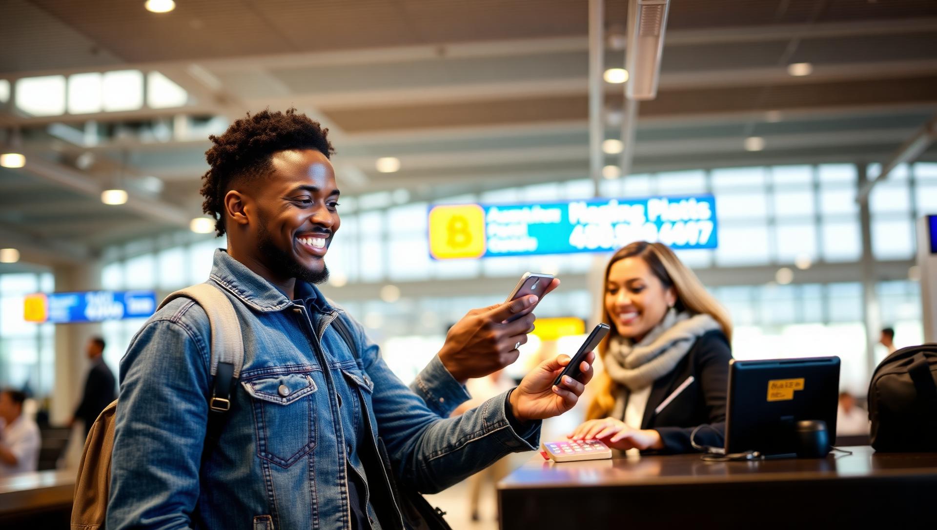 Traveller paying with a mobile phone at an airport counter