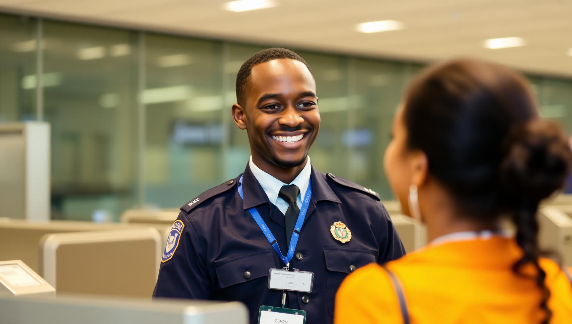 Friendly aviation security officer welcoming a traveller