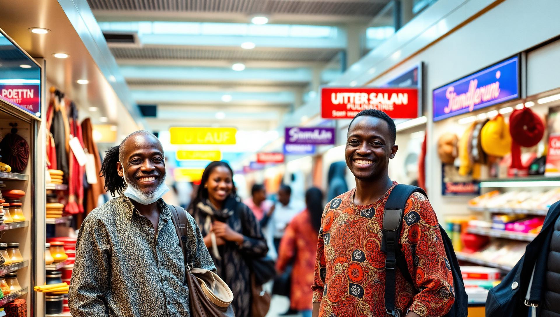 Happy shop traders inside the airport terminal