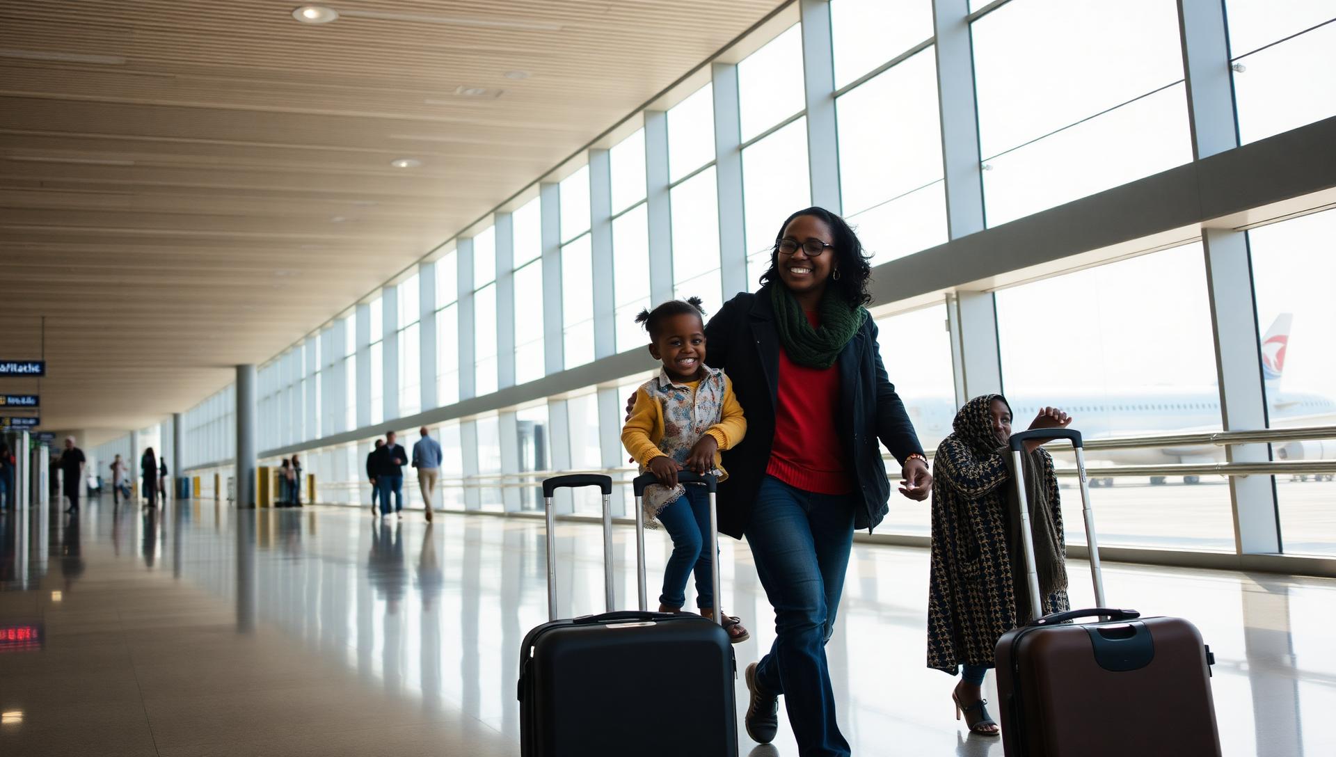 Happy family travelling through the terminal