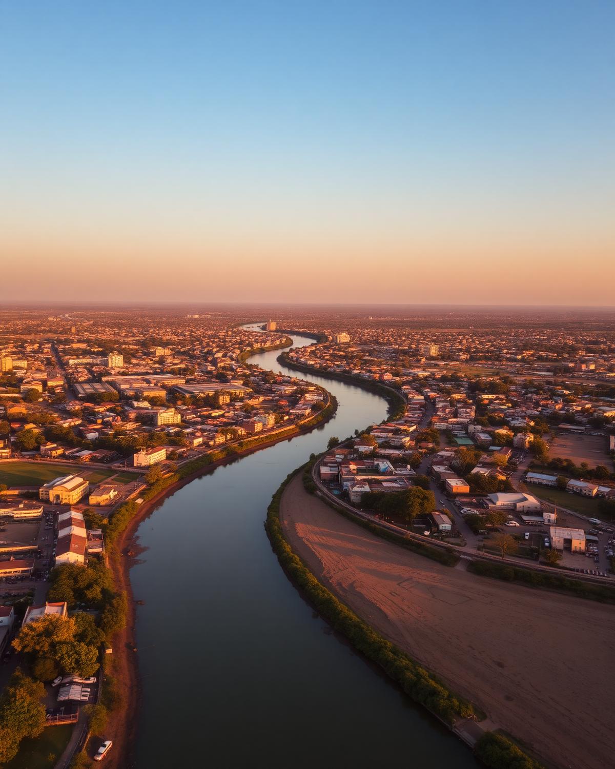 Aerial view of Juba and the White Nile at sunset