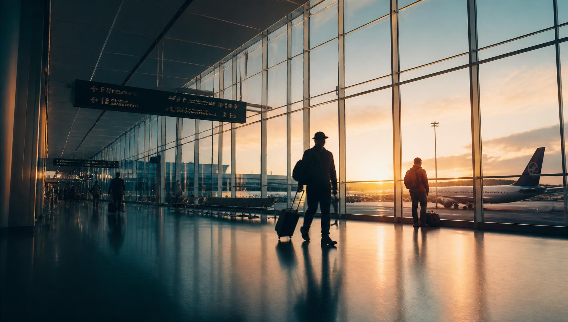 Traveller silhouetted against terminal window at sunset