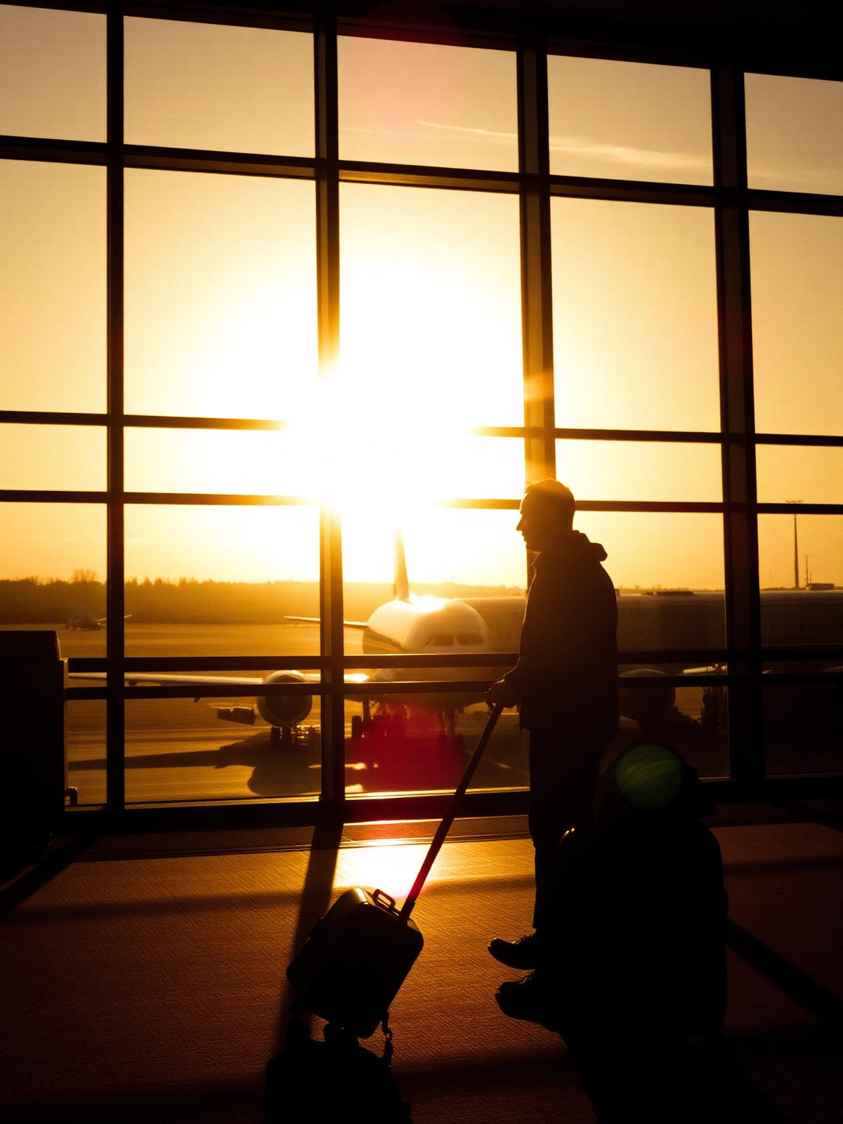Traveller with luggage at boarding gate